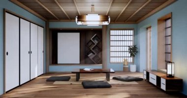 Lüks oda veya otel Japon tarzı dekorasyon Japonya tarzı Büyük yaşam alanı.3d render