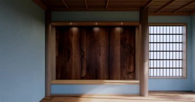 Lüks oda veya otel Japon tarzı dekorasyon Japonya tarzı Büyük yaşam alanı.3d render