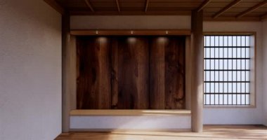 Lüks oda veya otel Japon tarzı dekorasyon Japonya tarzı Büyük yaşam alanı.3d render