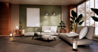 Lüks oda veya otel Japon tarzı dekorasyon Japonya tarzı Büyük yaşam alanı.3d render