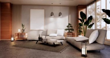 Lüks oda veya otel Japon tarzı dekorasyon Japonya tarzı Büyük yaşam alanı.3d render