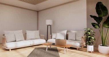 Lüks oda veya otel Japon tarzı dekorasyon Japonya tarzı Büyük yaşam alanı.3d render