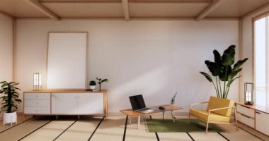 Lüks oda veya otel Japon tarzı dekorasyon Japonya tarzı Büyük yaşam alanı.3d render