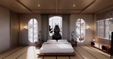 Lüks oda veya otel Japon tarzı dekorasyon Japonya tarzı Büyük yaşam alanı.3d render