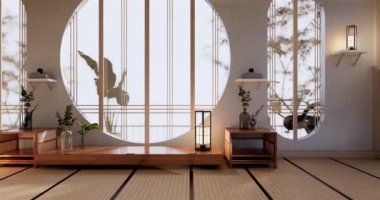 Lüks oda veya otel Japon tarzı dekorasyon Japonya tarzı Büyük yaşam alanı.3d render