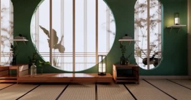 Lüks oda veya otel Japon tarzı dekorasyon Japonya tarzı Büyük yaşam alanı.3d render