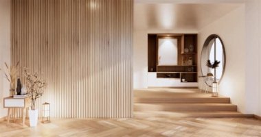 Lüks oda veya otel Japon tarzı dekorasyon Japonya tarzı Büyük yaşam alanı.3d render
