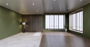 Lüks oda veya otel Japon tarzı dekorasyon Japonya tarzı Büyük yaşam alanı.3d render