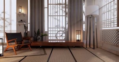 Lüks oda veya otel Japon tarzı dekorasyon Japonya tarzı Büyük yaşam alanı.3d render