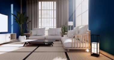 Lüks oda veya otel Japon tarzı dekorasyon Japonya tarzı Büyük yaşam alanı.3d render