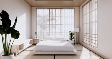 Lüks oda veya otel Japon tarzı dekorasyon Japonya tarzı Büyük yaşam alanı.3d render