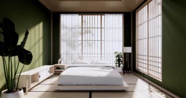 Lüks oda veya otel Japon tarzı dekorasyon Japonya tarzı Büyük yaşam alanı.3d render