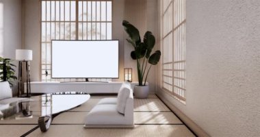 Lüks oda veya otel Japon tarzı dekorasyon Japonya tarzı Büyük yaşam alanı.3d render