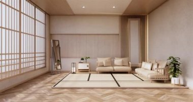 Lüks oda veya otel Japon tarzı dekorasyon Japonya tarzı Büyük yaşam alanı.3d render