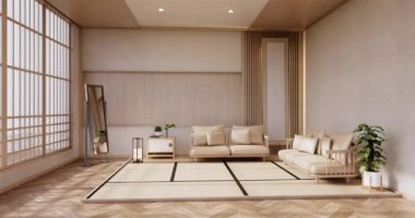Lüks oda veya otel Japon tarzı dekorasyon Japonya tarzı Büyük yaşam alanı.3d render