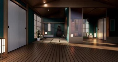 Lüks oda veya otel Japon tarzı dekorasyon Japonya tarzı Büyük yaşam alanı.3d render