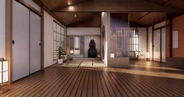 Lüks oda veya otel Japon tarzı dekorasyon Japonya tarzı Büyük yaşam alanı.3d render