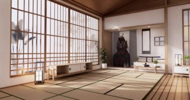 Lüks oda veya otel Japon tarzı dekorasyon Japonya tarzı Büyük yaşam alanı.3d render