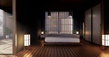 Lüks oda veya otel Japon tarzı dekorasyon Japonya tarzı Büyük yaşam alanı.3d render