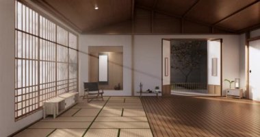 Lüks oda veya otel Japon tarzı dekorasyon Japonya tarzı Büyük yaşam alanı.3d render
