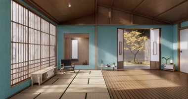 Lüks oda veya otel Japon tarzı dekorasyon Japonya tarzı Büyük yaşam alanı.3d render