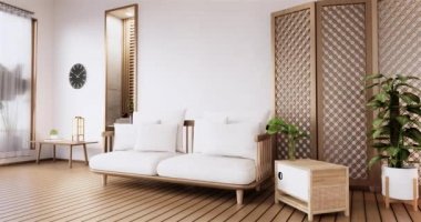 Lüks oda veya otel Japon tarzı dekorasyon Japonya tarzı Büyük yaşam alanı.3d render