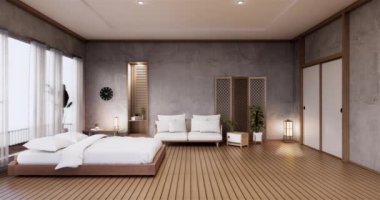 Lüks oda veya otel Japon tarzı dekorasyon Japonya tarzı Büyük yaşam alanı.3d render