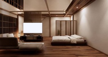 Lüks oda veya otel Japon tarzı dekorasyon Japonya tarzı Büyük yaşam alanı.3d render