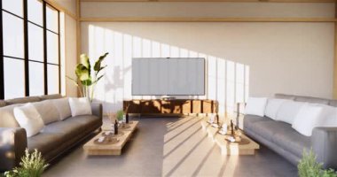 Lüks oda veya otel Japon tarzı dekorasyon Japonya tarzı Büyük yaşam alanı.3d render