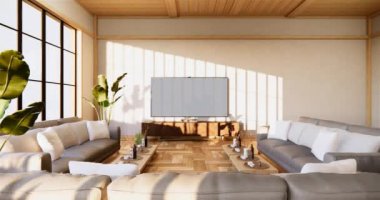 Lüks oda veya otel Japon tarzı dekorasyon Japonya tarzı Büyük yaşam alanı.3d render