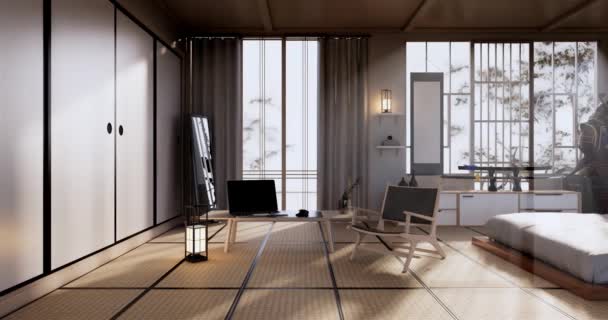 Japan Stil Stort Vardagsrum Lyxrum Eller Hotell Japansk Stil Dekoration — Stockvideo