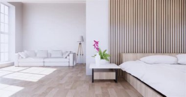 Lüks oda veya otel Japon tarzı dekorasyon Japonya tarzı Büyük yaşam alanı.3d render