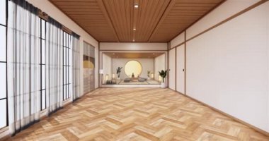 Lüks oda veya otel Japon tarzı dekorasyon Japonya tarzı Büyük yaşam alanı.3d render