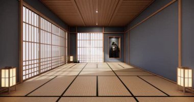 Lüks oda veya otel Japon tarzı dekorasyon Japonya tarzı Büyük yaşam alanı.3d render