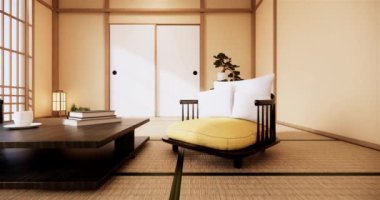 Lüks oda veya otel Japon tarzı dekorasyon Japonya tarzı Büyük yaşam alanı.3d render