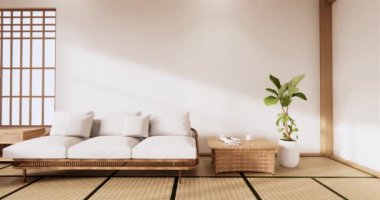 Lüks oda veya otel Japon tarzı dekorasyon Japonya tarzı Büyük yaşam alanı.3d render