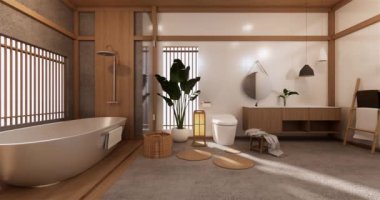 Lüks oda veya otel Japon tarzı dekorasyon Japonya tarzı Büyük yaşam alanı.3d render