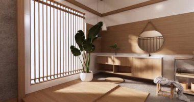 Lüks oda veya otel Japon tarzı dekorasyon Japonya tarzı Büyük yaşam alanı.3d render