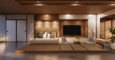 Big living area in luxury room or hotel japanese style decoration.3D rendering