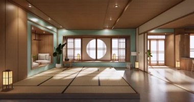 Big living area in luxury room or hotel japanese style decoration.3D rendering