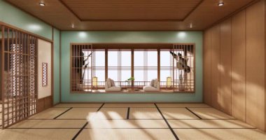 Big living area in luxury room or hotel japanese style decoration.3D rendering