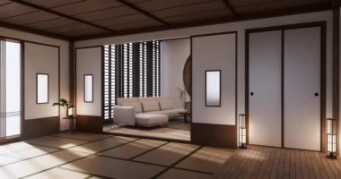Big living area in luxury room or hotel japanese style decoration.3D rendering