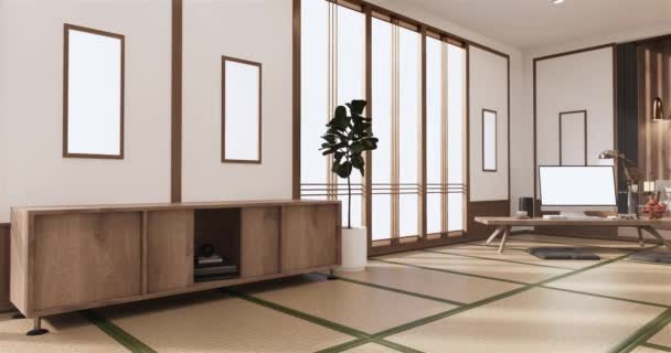 Велика Вітальня Розкішному Номері Або Готелі Японського Стилю Прикраси Рендеринга — стокове відео