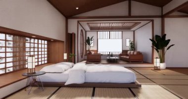 Big living area in luxury room or hotel japanese style decoration.3D rendering