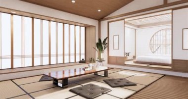 Big living area in luxury room or hotel japanese style decoration.3D rendering