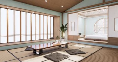 Big living area in luxury room or hotel japanese style decoration.3D rendering