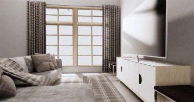 Muji tarzı, boş ahşap oda, Japon odasının içini temizleme, 3 boyutlu tasarım.