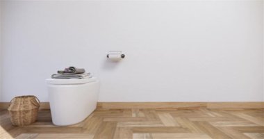 Muji tarzı, boş ahşap oda, Japon odasının içini temizleme, 3 boyutlu tasarım.