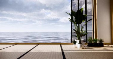 Muji tarzı, boş ahşap oda, Japon odasının içini temizleme, 3 boyutlu tasarım.