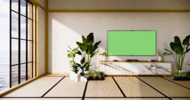 Muji tarzı, boş ahşap oda, Japon odasının içini temizleme, 3 boyutlu tasarım.